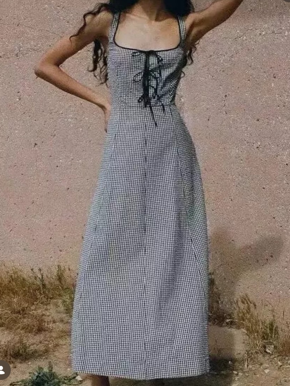 Doen Black-and-White Gingham Lace-Up Maxi Dress